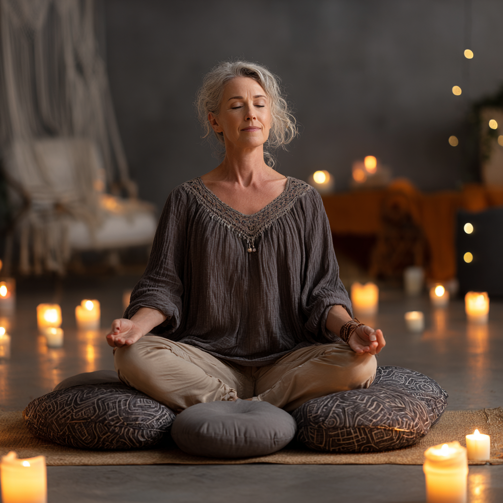 Жінка 55 років в позі лотоса під час медитації на килимку, оточена м'якими подушками та свічками