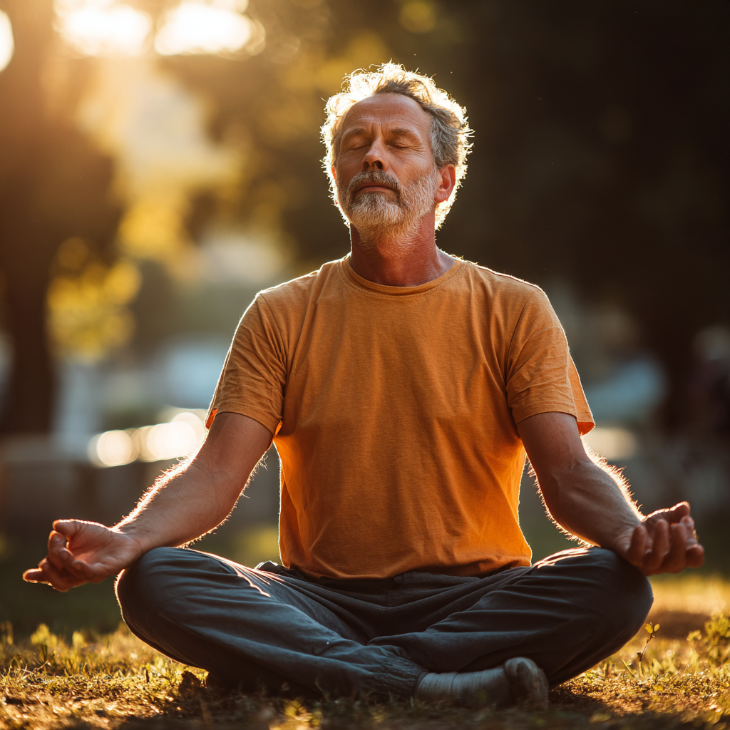 Чоловік 58 років виконує базову позу йоги на сонці в парку, демонструючи спокій та концентрацію