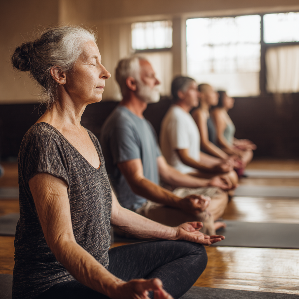 Група людей віком 50-60 років медитує разом у затишній йога-студії з природним освітленням